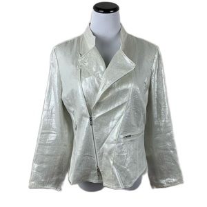 Armani Collezioni SZ 12 Women’s Silver Metallic 100% Flax Moto Jacket
